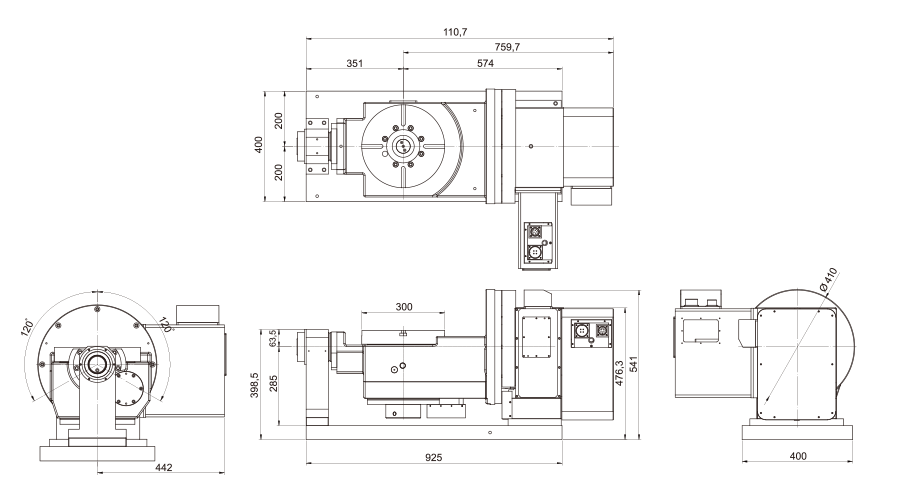 零背隙五軸轉(zhuǎn)臺(tái)尺寸圖